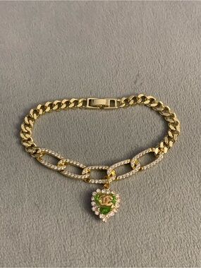 Gold Tone with Upcycled Heart Pendant Chain Bracelet with Green Stone Accent